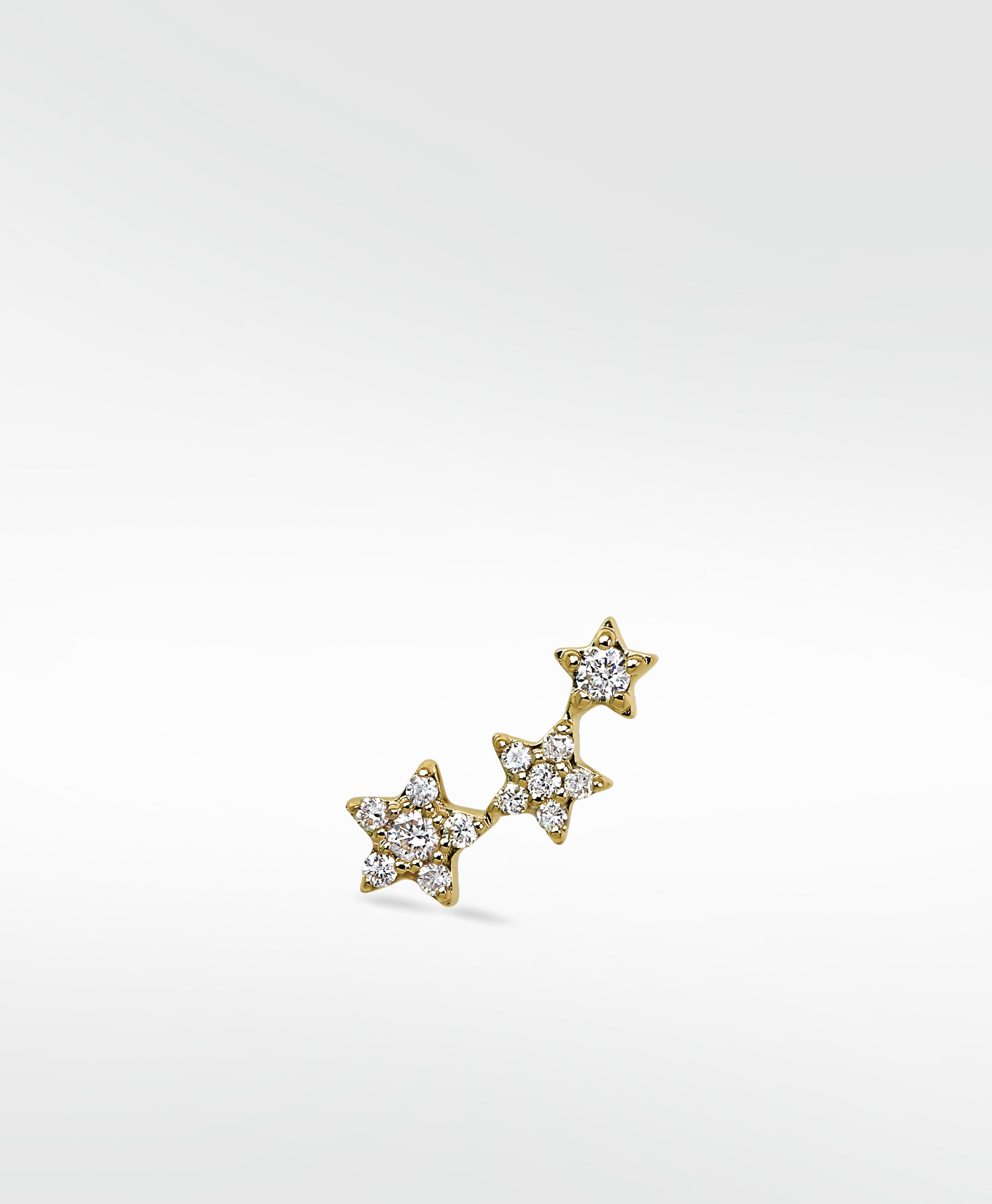 A single 3-star diamond stud earring in yellow gold, with stars set with diamonds in a rising curve.