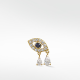 Right option for a 14k gold evil eye earring with a sapphire center and two dangling pear diamond drops.