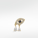 Left Option of a 14k gold Evil Eye earring with a sapphire center, diamond pavé, and two dangling pear-shaped diamonds.