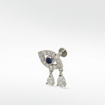 14k white gold evil eye stud with a blue sapphire, pavé diamonds, and two pear-shaped diamond drops.