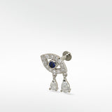 14k white gold evil eye stud with a blue sapphire, pavé diamonds, and two pear-shaped diamond drops.