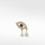 14k gold evil eye stud earring with a blue sapphire, diamond pavé, and two dangling pear-cut diamond drops.