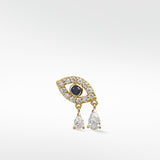 14k gold evil eye stud earring with a blue sapphire, diamond pavé, and two dangling pear-cut diamond drops.