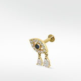 Lark & Berry 14k gold evil eye stud earring with a sapphire center and two dangling diamond drops.