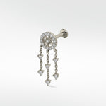 A Lark & Berry Dreamcatcher Diamond Drop stud earring in white gold with dangling diamond chains, on a white background.