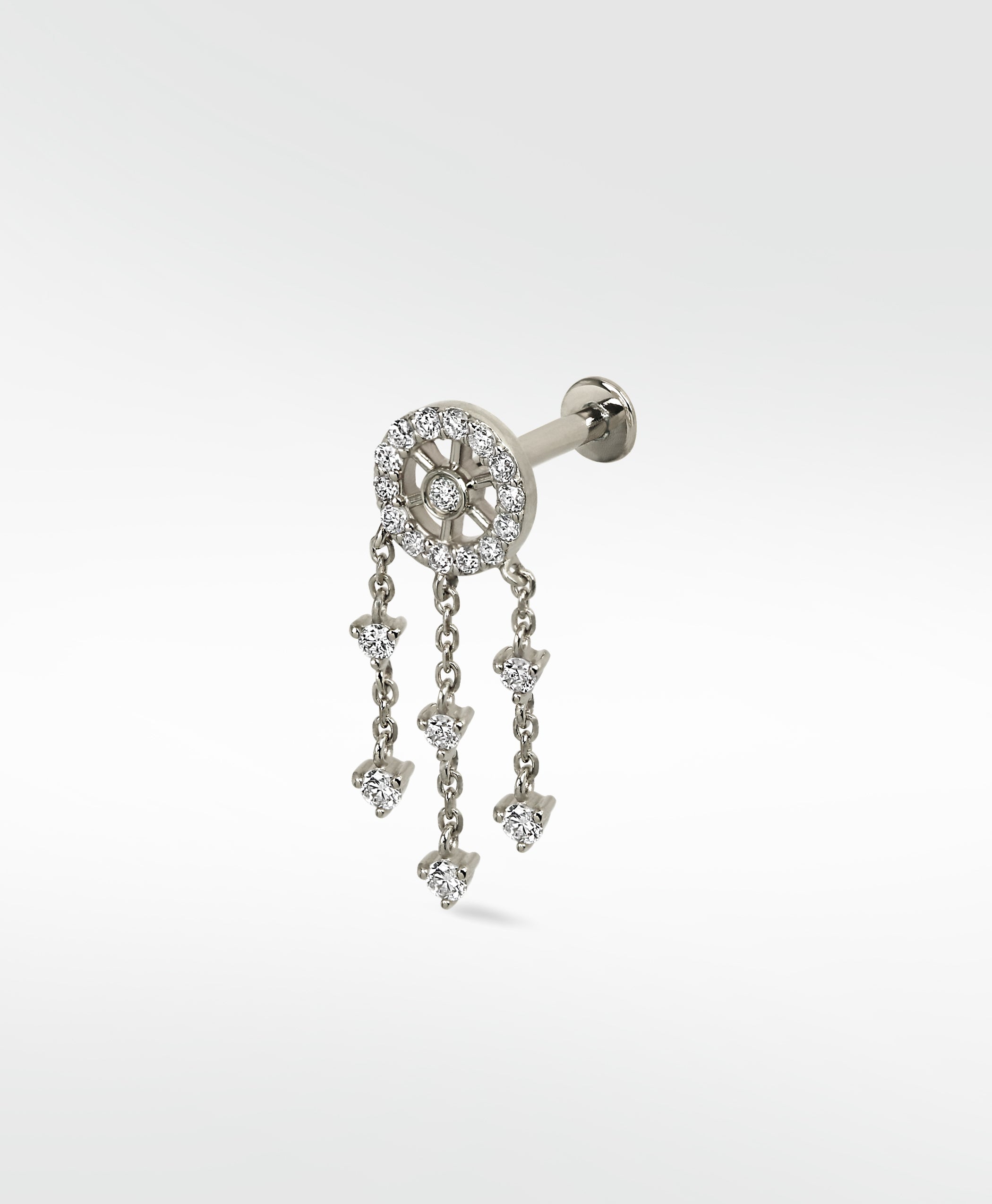 A Lark & Berry Dreamcatcher Diamond Drop stud earring in white gold with dangling diamond chains, on a white background.