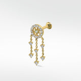A yellow gold Dreamcatcher Diamond Drop labret earring with dangling chains on a white background.