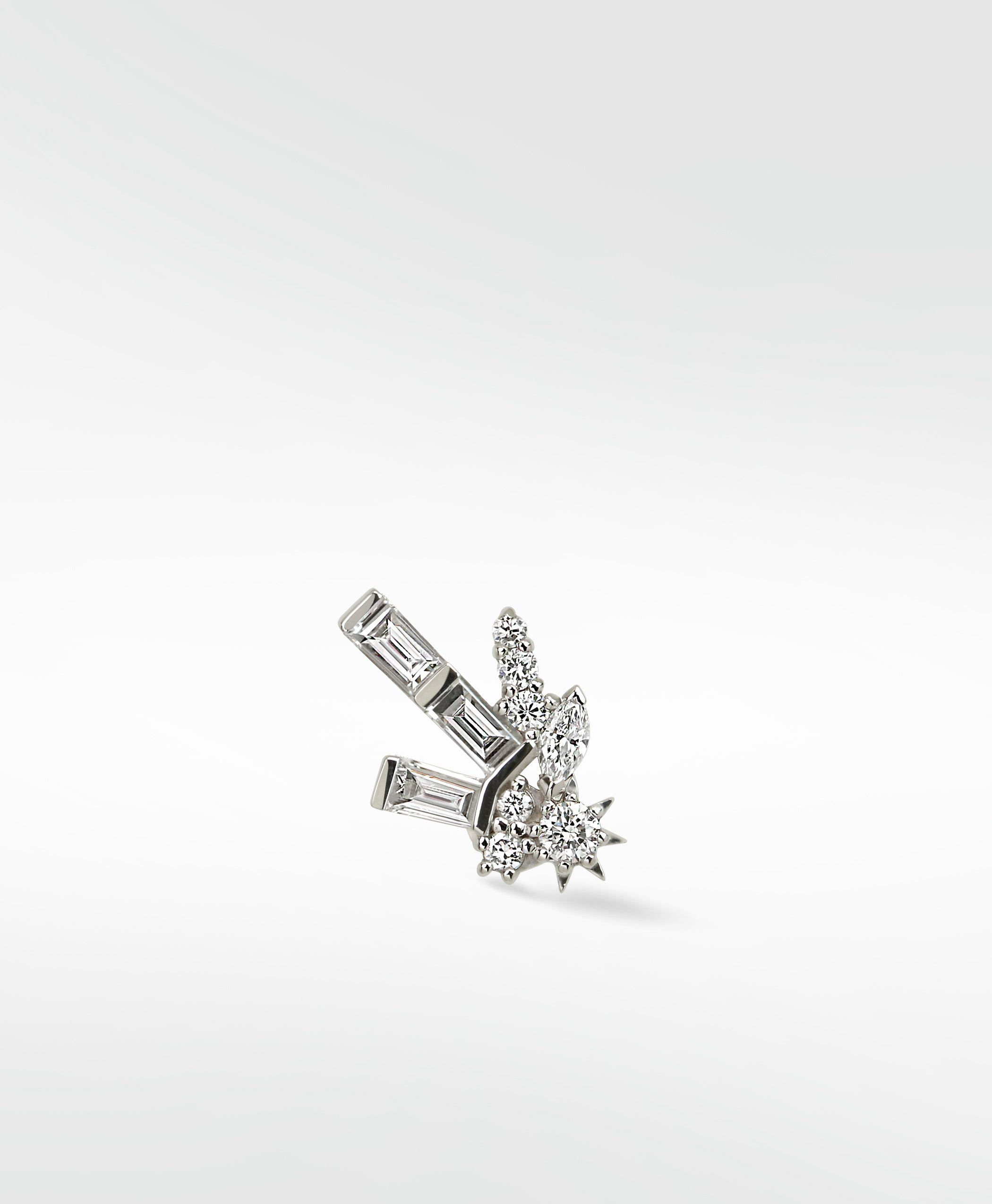 Lark & Berry Firework Diamond Stud earring in white gold with baguette, marquise, and round diamonds in a starburst design.