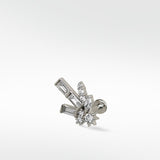 A Lark & Berry Firework diamond stud in white gold, featuring a cluster of baguette, round, and marquise cut diamonds.