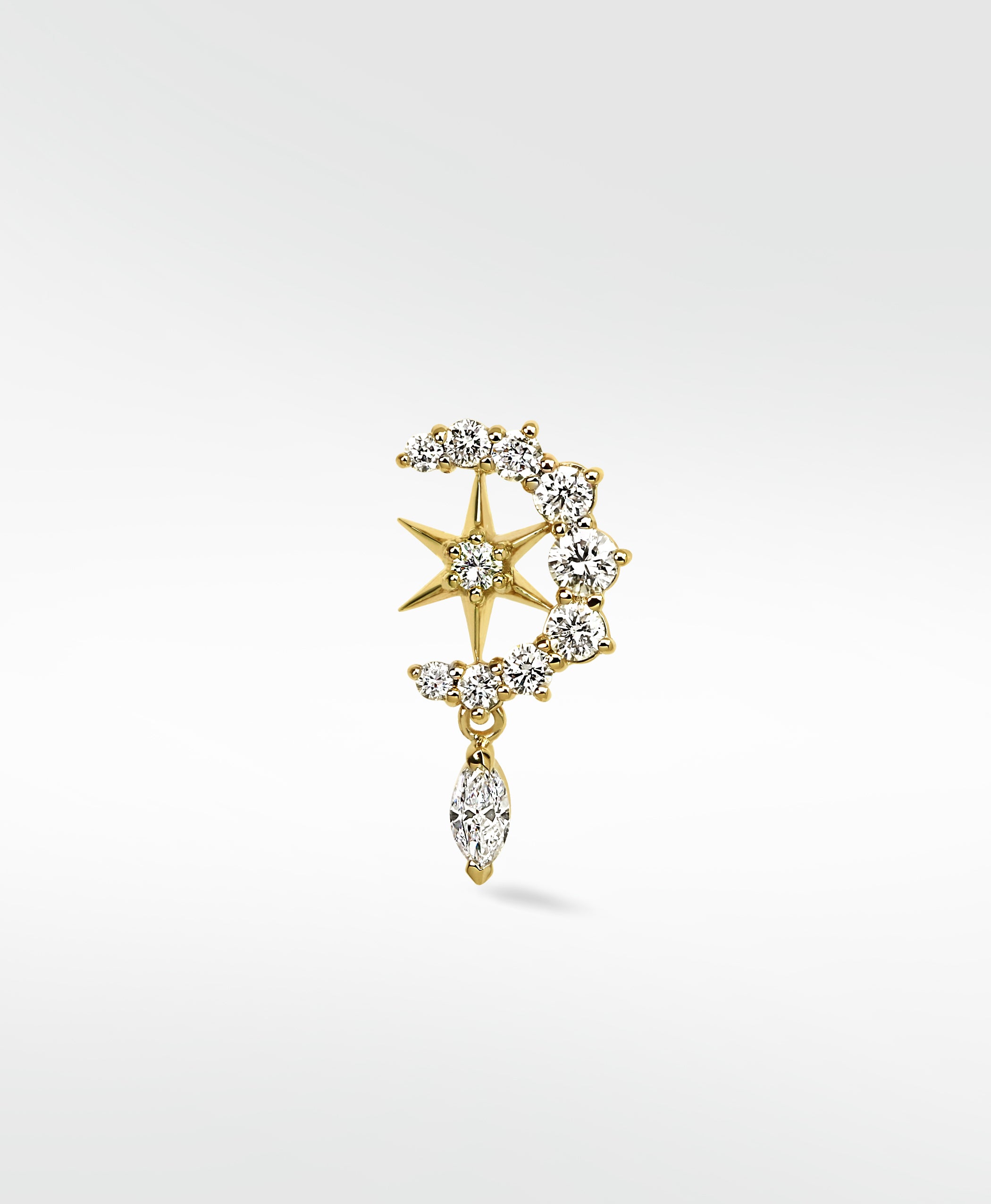Lark & Berry Entwined Moon and Star stud earring in yellow gold with round and marquise diamonds.