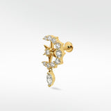 Lark & Berry Entwined Diamond Moon and Star Stud in yellow gold with a dangling marquise diamond.