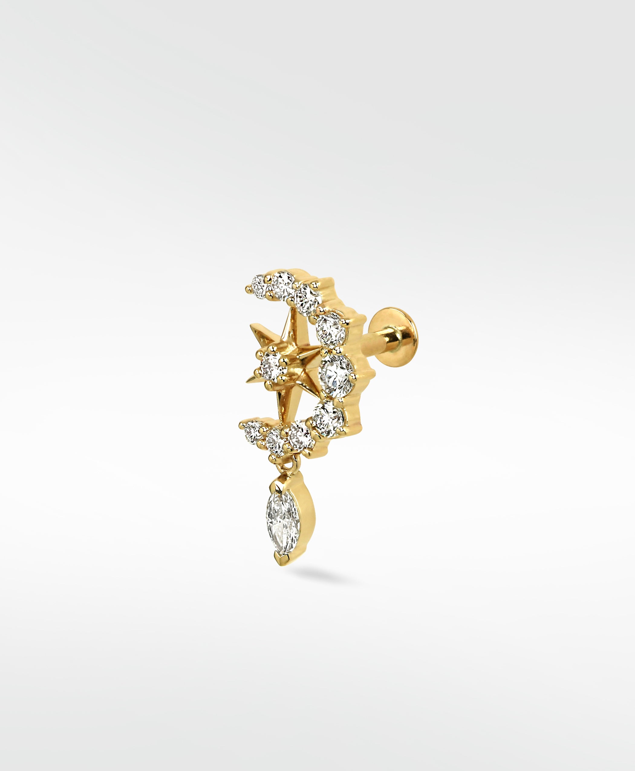 Lark & Berry Entwined Diamond Moon and Star Stud in yellow gold with a dangling marquise diamond.
