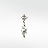 Marquise Double Diamond Drop Stud earring in white gold with a round stud and a dangling marquise diamond.