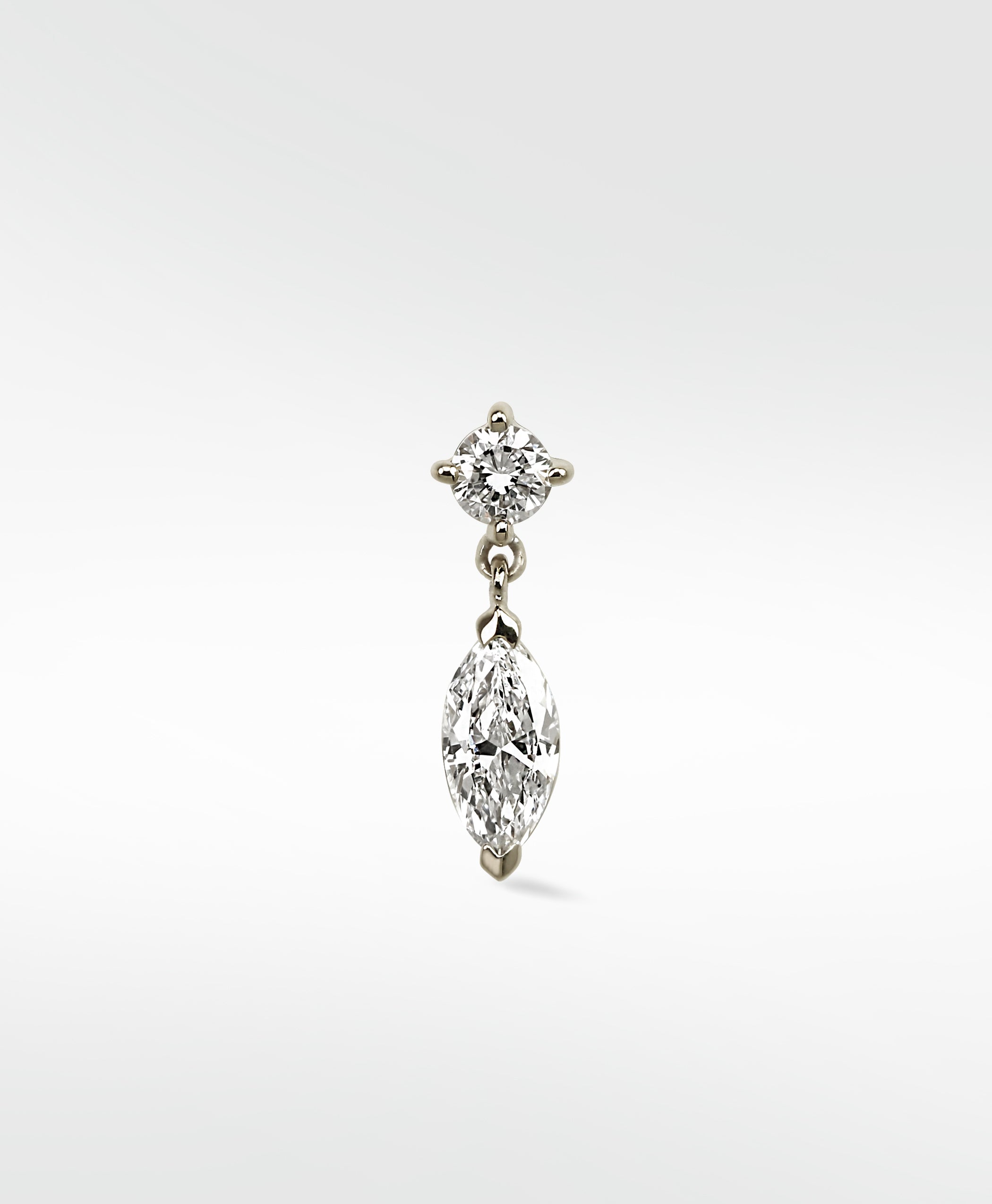 Marquise Double Diamond Drop Stud earring in white gold with a round stud and a dangling marquise diamond.