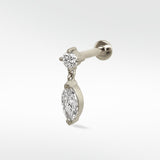Marquise Double Diamond Drop Stud in white gold, featuring a round diamond top and a dangling marquise diamond.