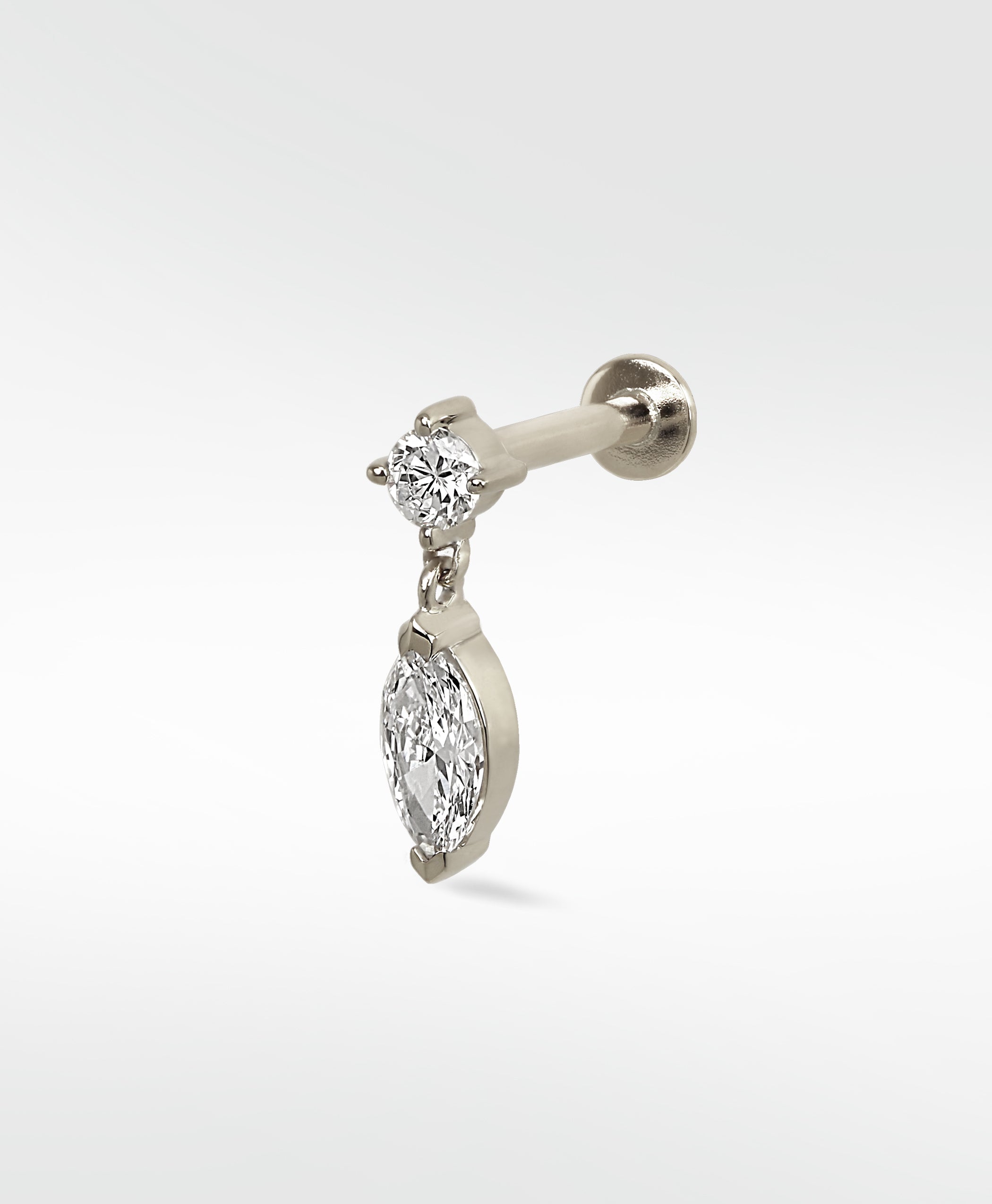 Marquise Double Diamond Drop Stud in white gold, featuring a round diamond top and a dangling marquise diamond.