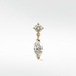 Marquise Double Diamond Drop Stud earring in yellow gold with a round diamond stud and a dangling marquise-cut diamond.