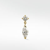 Marquise Double Diamond Drop Stud earring in yellow gold with a round diamond stud and a dangling marquise-cut diamond.