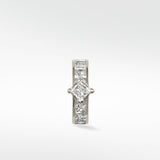 A 14k white gold hoop earring featuring a central princess-cut diamond, flanked by smaller channel-set princess-cut diamonds.