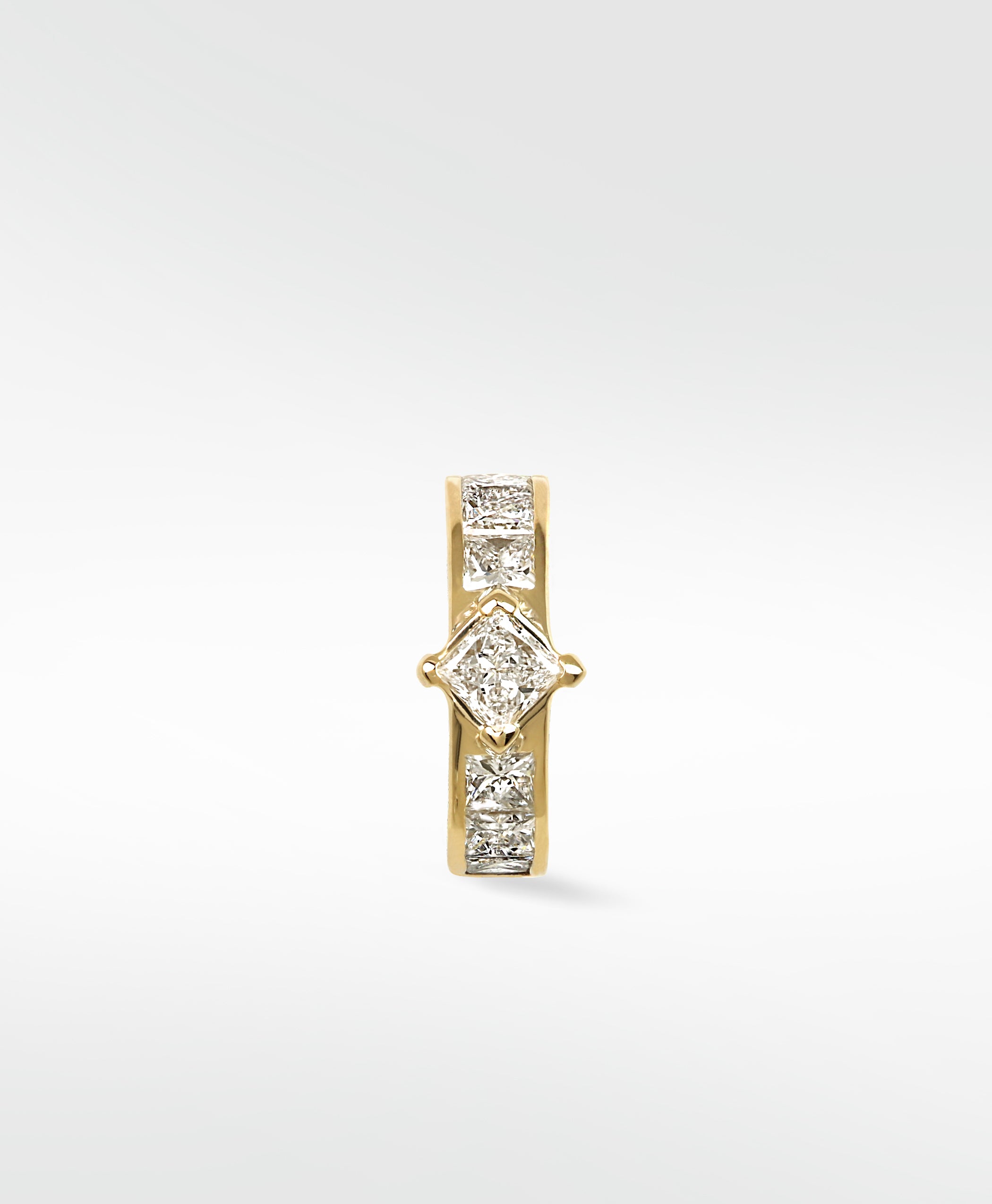 Front view of the Modernist Princess Cut Diamond Hoop in 14k yellow gold with channel-set diamonds.
