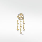 Gold dreamcatcher earring with a pavé diamond stud and dangling chains with diamond drops.