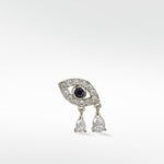 14k white gold Evil Eye earring with a blue sapphire, pavé diamonds, and two dangling pear-shaped diamond drops.