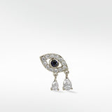 14k white gold Evil Eye earring with a blue sapphire, pavé diamonds, and two dangling pear-shaped diamond drops.