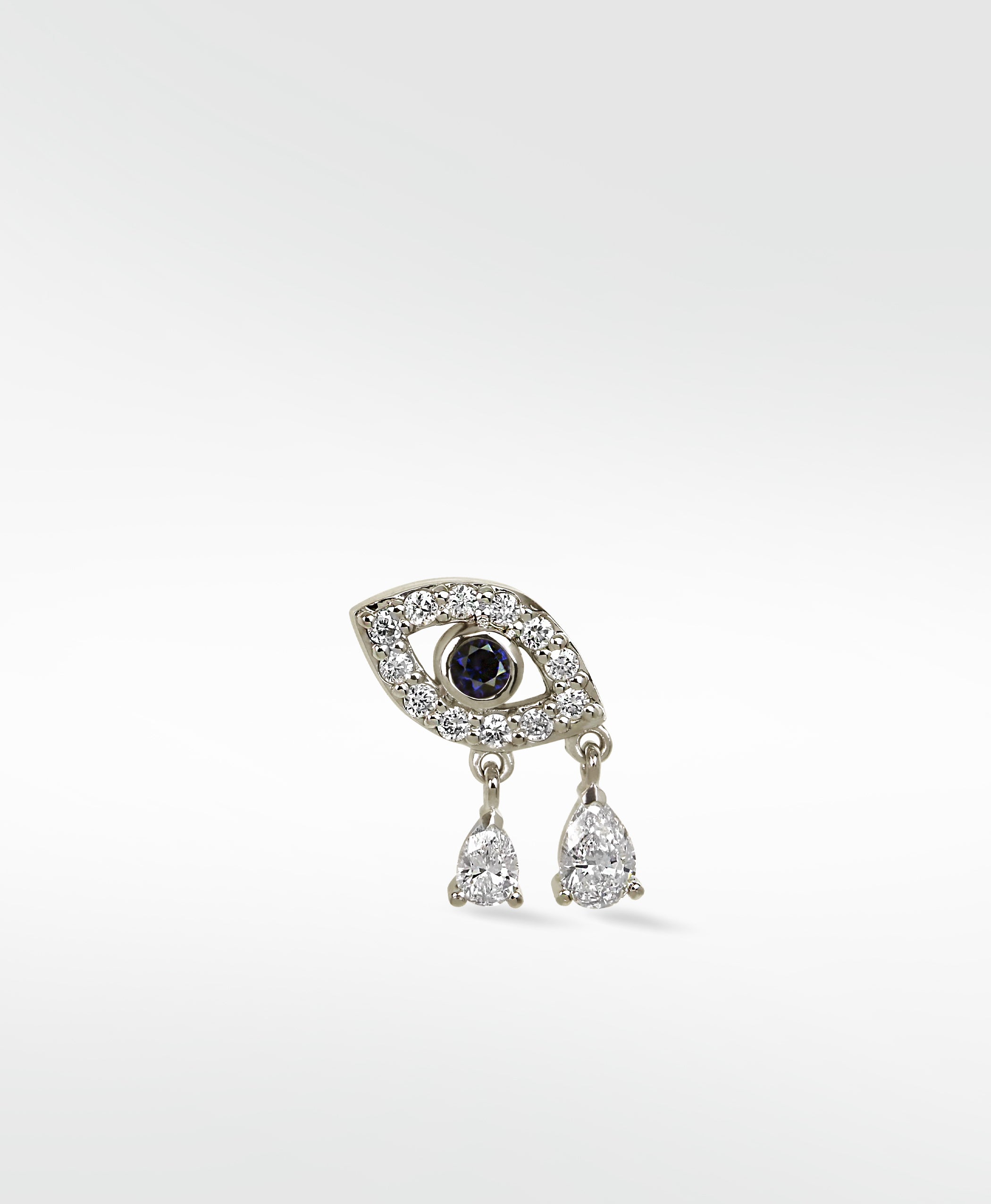 14k white gold Evil Eye earring with a blue sapphire, pavé diamonds, and two dangling pear-shaped diamond drops.