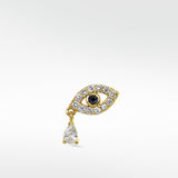 14k gold evil eye earring with pavé diamonds, a sapphire center, and a single pear-shaped diamond drop.