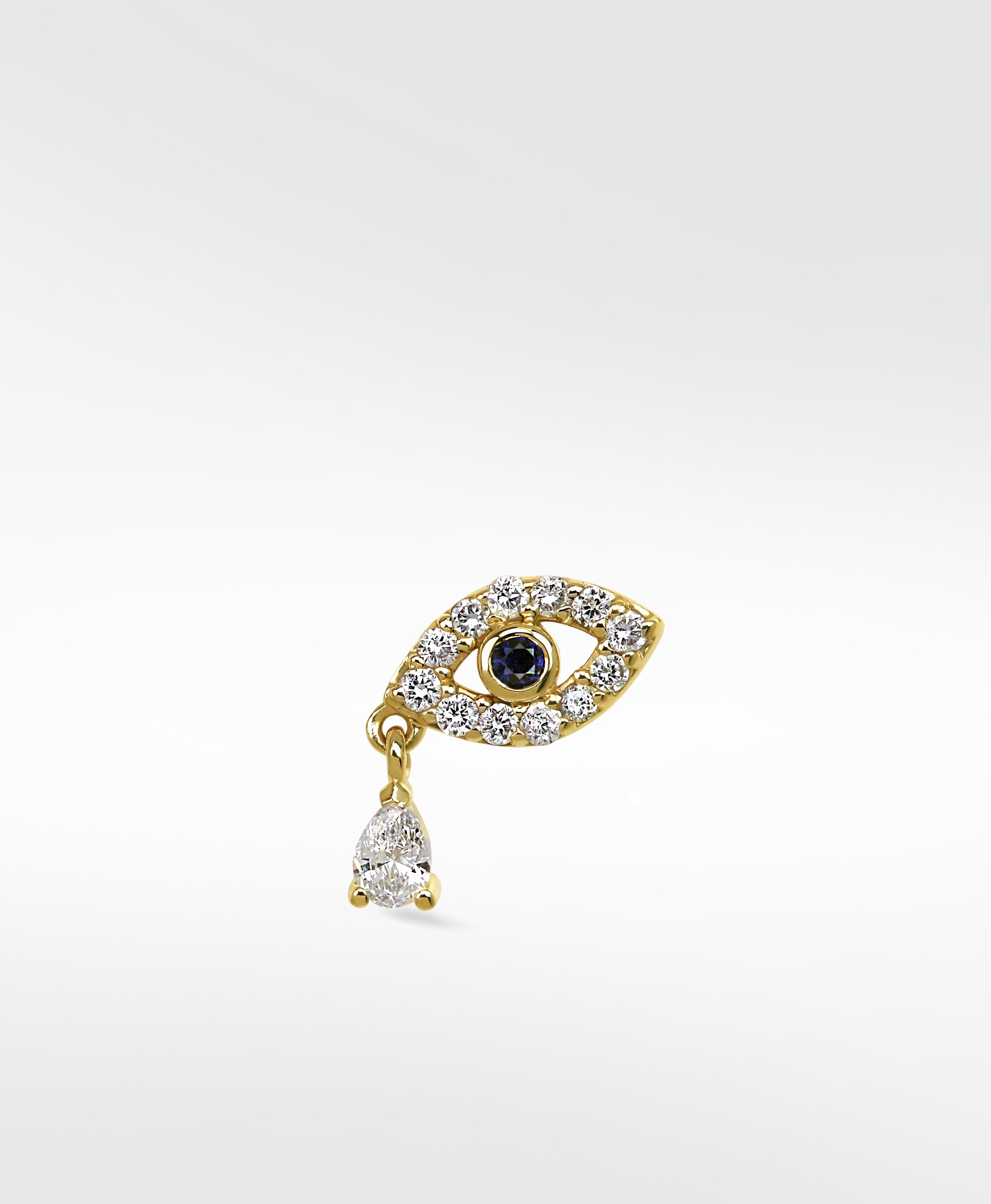 14k gold evil eye earring with pavé diamonds, a sapphire center, and a single pear-shaped diamond drop.