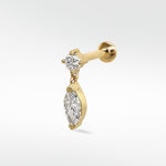 A yellow gold Marquise Double Diamond Drop Stud with a round diamond top and a dangling marquise diamond.