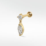 A yellow gold Marquise Double Diamond Drop Stud with a round diamond top and a dangling marquise diamond.