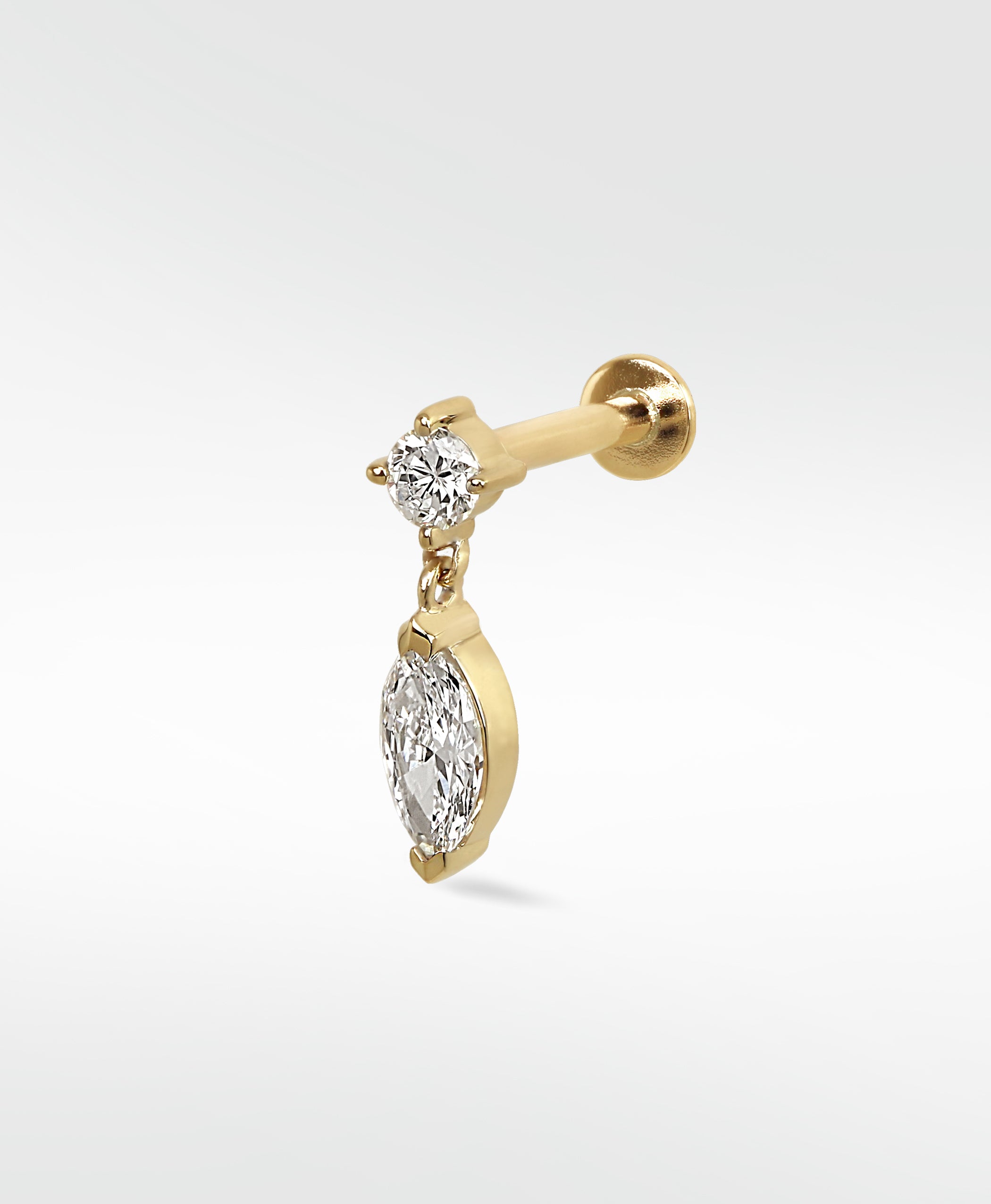 A yellow gold Marquise Double Diamond Drop Stud with a round diamond top and a dangling marquise diamond.